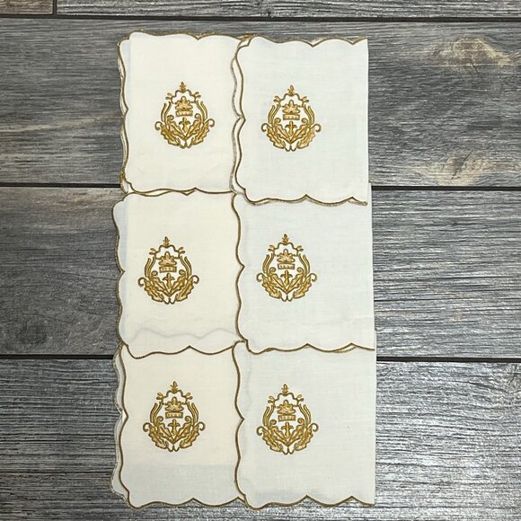 NEW VTG Neiman Marcus Crest Set 6 Embroidered Cocktail Napkins Linens Bone Gold - Picture 1 of 12
